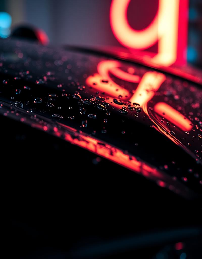 Glossy black car hood with water droplets under neon light